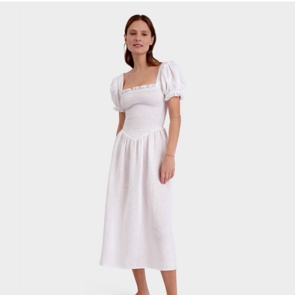 Sleeper White Smocked Midi Dress with Puff Sleeves
